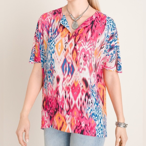 Chicos colorful Ikat-Print Split-Neck Blouse top size 3 - Picture 3 of 16